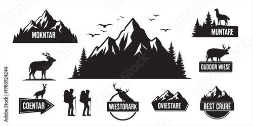 Collection of modern outdoor adventure silhouette labels highlighting mountain and forest animal wildlife