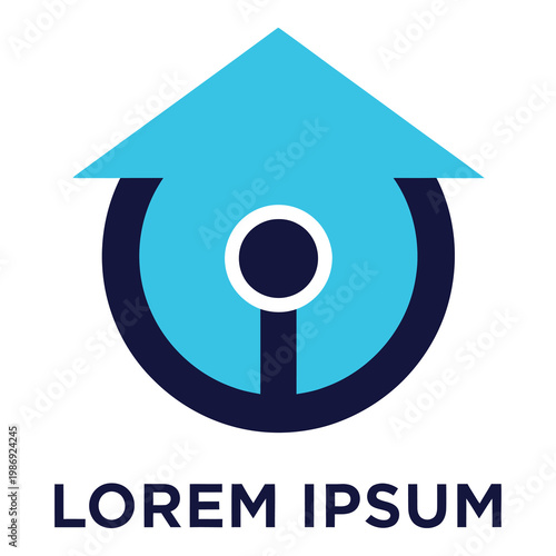 Simple blue and dark blue house shield logo with magnifying glass icon icon