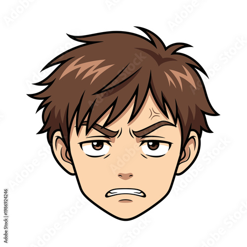 Anime style illustration of a young mans face with an angry expression.