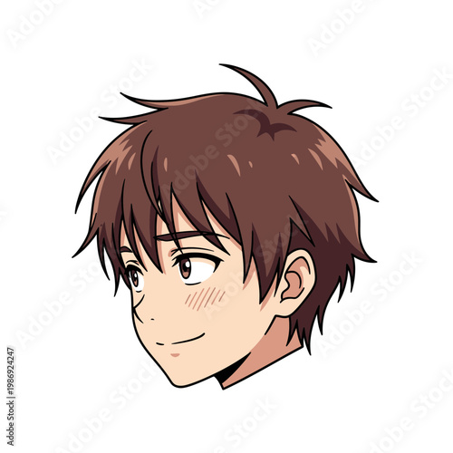 Anime style illustration of a young mans head with brown hair.