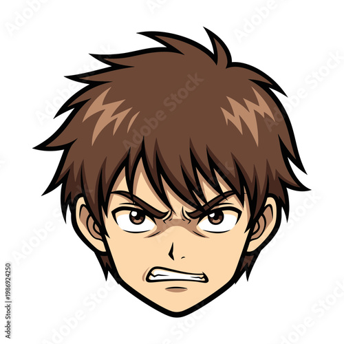 Anime style illustration of an angry young mans face with spiky brown hair.