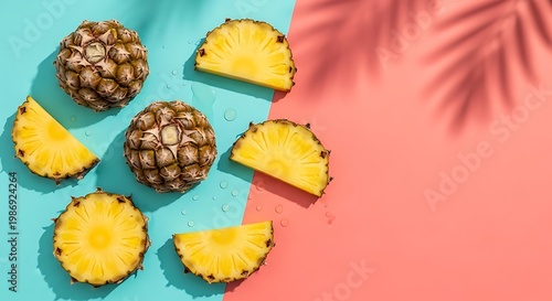 Pineapple slices and whole fruits arranged on pastel background.