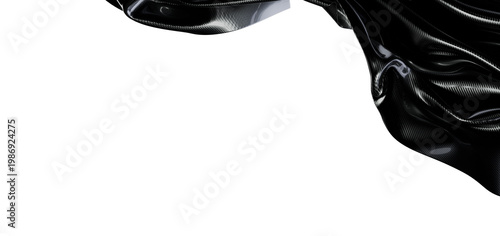 Close up of black fabric with high gloss and woven texture. The black fabric is over white, perfect for backgrounds.