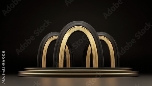 A luxurious black and gold 3D abstract composition features arches atop a tiered platform. The dark background enhances the elegant aesthetic