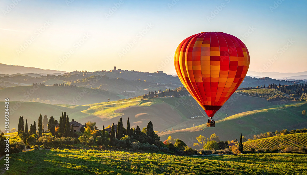 Fototapeta premium Experience the ultimate freedom with a colorful hot air balloon soaring above sundrenched rolling hills and vineyards. Ideal for travel, adventure, and lifestyle marketing themes.