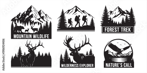 Mountain forest animal wildlife and backpackers people vector outdoor adventure silhouette labels collection