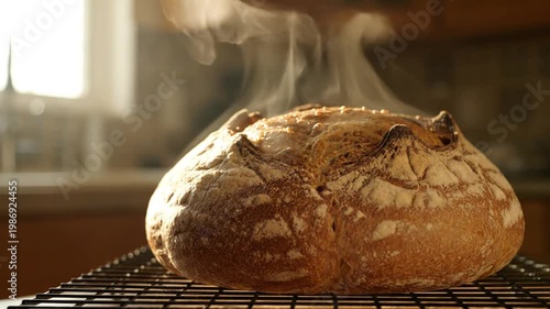 Freshly baked artisan bread cooling on a wire rack with steam rising