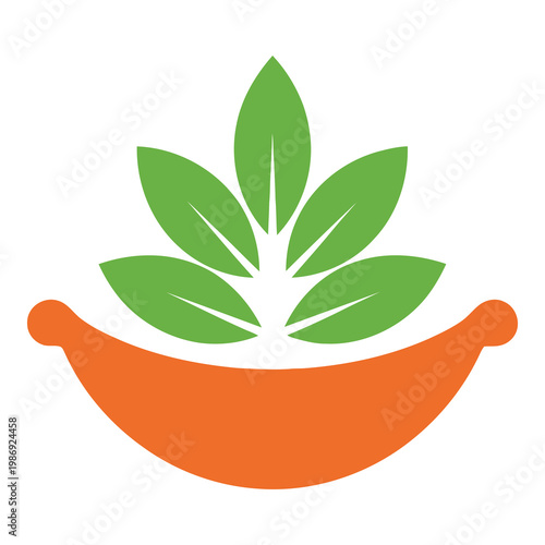 Simple illustration of green leaves in an orange bowl on white background icon