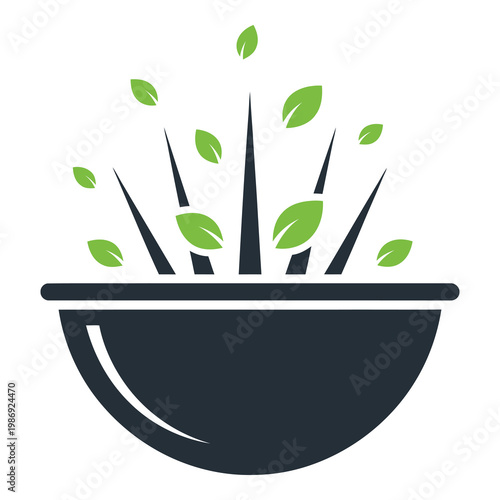 Simple illustration of green leaves growing out of a dark bowl icon