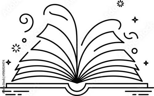 Magical open book illustration, fantasy imagination concept, mystical inspiration design, creative storytelling vector, whimsical education symbol, artistic learning inspiration