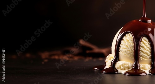 Vanilla ice cream scoop covered in dark chocolate syrup in studio shot.