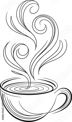 Minimalist coffee cup illustration, steaming hot beverage design, elegant swirl vector, artistic line drawing, warm drink symbol, relaxation concept