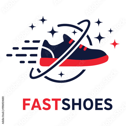 Sneaker surrounded by stars and motion lines on white background icon