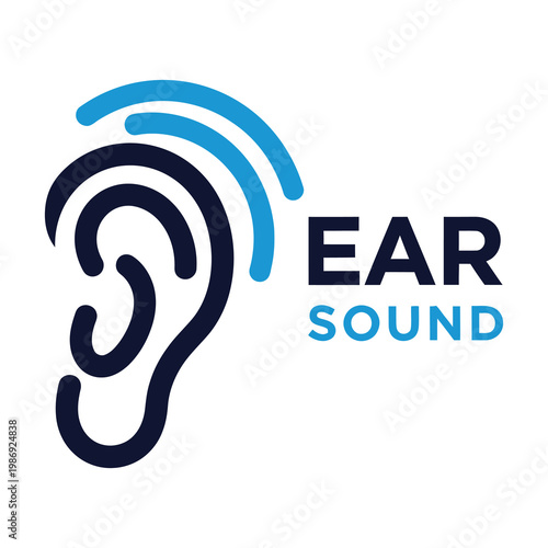 Sound wave symbol with ear and text on white background icon