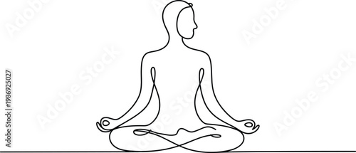 Minimalist continuous line yoga meditation illustration, mindfulness practice vector, calm balance design, spiritual relaxation symbol, artistic wellness drawing