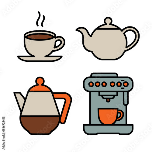 Coffee tea making items set featuring steaming cup teapot kettle and espresso machine arranged on white background for café and kitchen design concepts