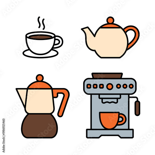 Coffee tea making items arrangement steaming cup teapots kettle espresso machine on white surface for beverage preparation and kitchen concept design