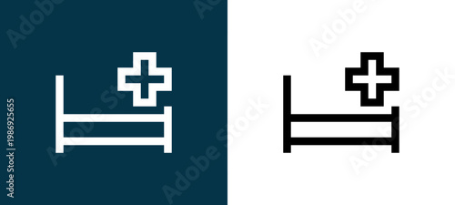Black and white hospital bed outline icon duo, editable stroke vector illustration for web, mobile apps, UI design, branding, and print from Medical