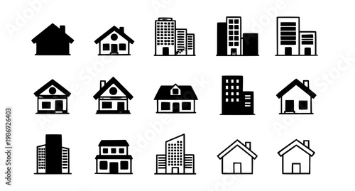 House icon set with building symbols in clean outline vector illustration style for web and app design