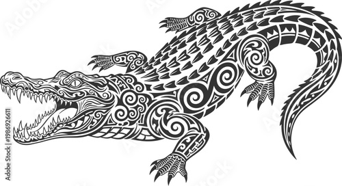 Tribal crocodile tattoo vector, ornate alligator silhouette, black and white reptile illustration