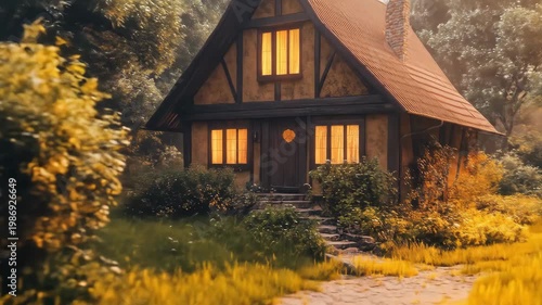 A cozy timber-frame cottage nestled in a lush green forest with glowing windows at golden hour.