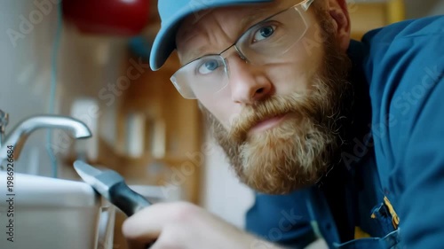 Professional Caucasian handyman with beard and glasses repairs a white sink using a scraper tool in a bathroom.