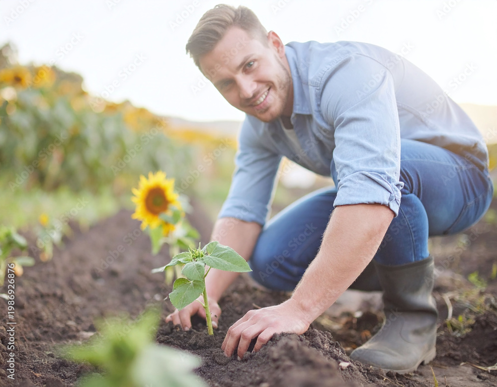 Fototapeta premium Smiling young gardener planting sunflower seedlings in rich soil. An uplifting scene representing growth, sustainability, and organic farming, ideal for ecology and business marketing.