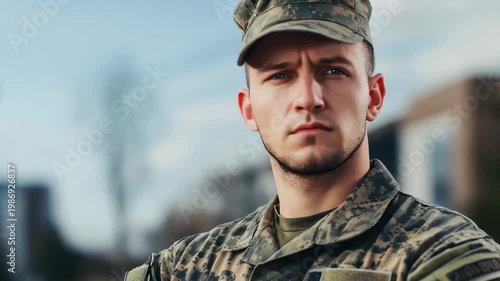 Young adult male soldier in camouflage uniform and cap, with arms crossed, looking seriously at the camera outdoors.