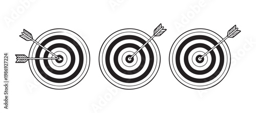 Three archery targets with arrows, depicting varying levels of accuracy and successful hits.