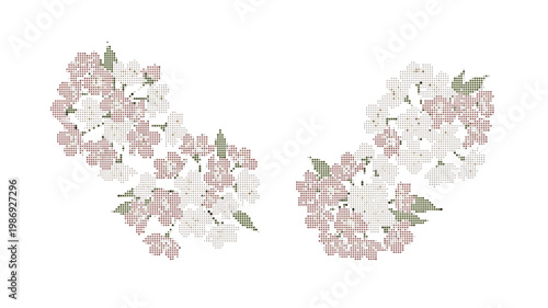 Vintage cherry blossom vector illustration, elegant pink and white sakura floral clusters, soft pastel botanical elements for wedding invitations