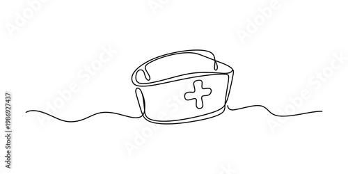 A single continuous line drawing of a classic nurse cap with a cross symbol on a white background Vector, illustration