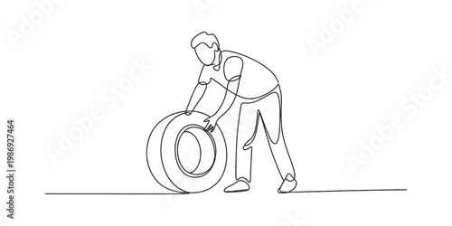 A single continuous line drawing of a person bending down to handle a large rubber vehicle tire Vector, illustration