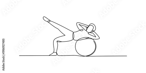 A continuous line drawing of a person doing a core workout exercise on a large gym balance ball Vector, illustration