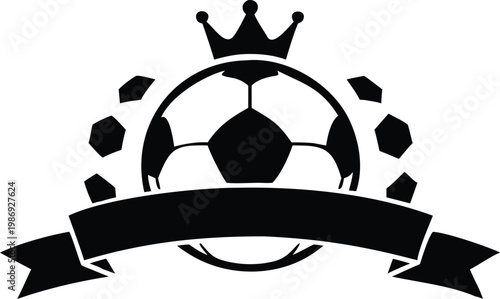 Soccer emblem with crown ball and ribbon trophy design element for sports tournament championship.
