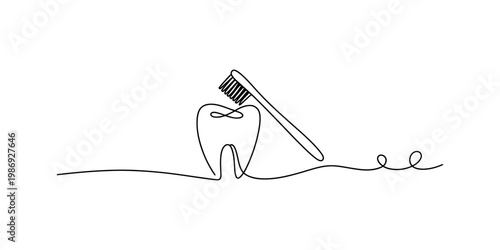 Minimalist continuous single line art illustration of a healthy tooth and a manual toothbrush. Vector, illustration