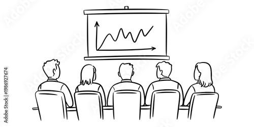 A group of professional colleagues attending a business presentation with a line graph on screen Vector, illustration