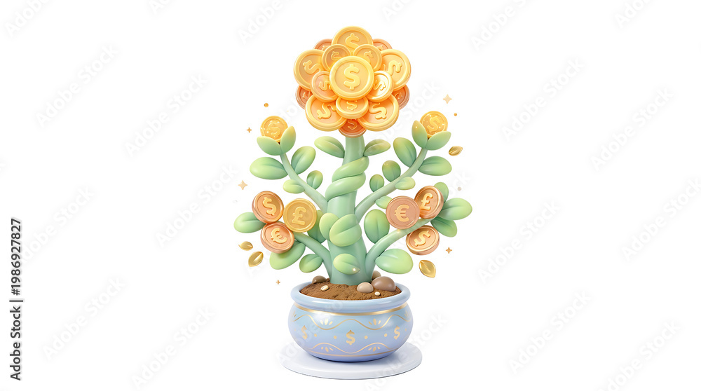 Obraz premium Illustrated coin plant with transparent background representing growth and finance