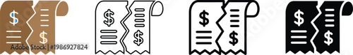 Four distinct vector illustration styles of a ripped paper financial receipt icon