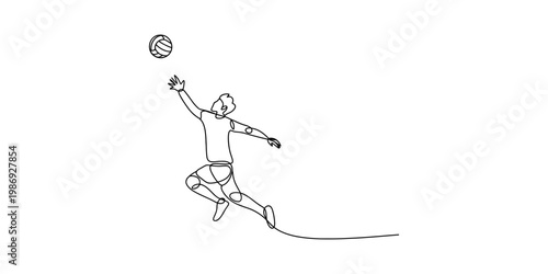 A single continuous line drawing of a volleyball player jumping to spike a ball in the air Vector, illustration