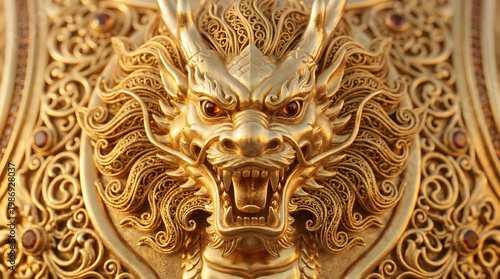 Golden dragon head sculpture with intricate design and jewels
