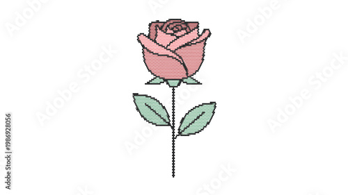 Vintage pink rose flower vector illustration, hand drawn botanical rosebud with green leaves, romantic floral element for wedding invitations