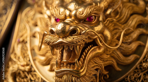 Golden dragon head sculpture with red eyes and sharp teeth