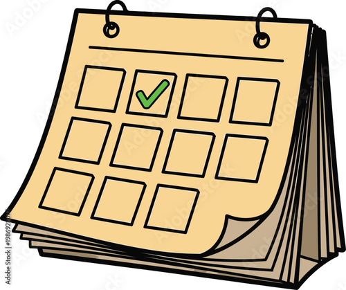 Cartoon calendar icon with green check mark, monthly planner vector, spiral paper schedule organizer