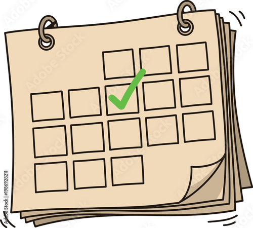 Hand drawn calendar vector illustration, monthly planner with green check mark, schedule icon