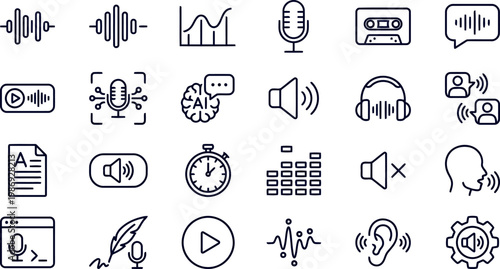 icon set in modern clean line style representing voice, audio, speech, and sound technology concepts