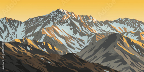 Sunset and sunrise over snowy alpine mountains with glaciers, clouds, and a wide winter landscape panorama