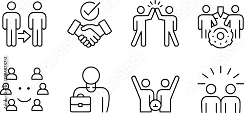 Business team collaboration and success vector icons set Keywords: business, teamwork, partnership, handshake, success, high five