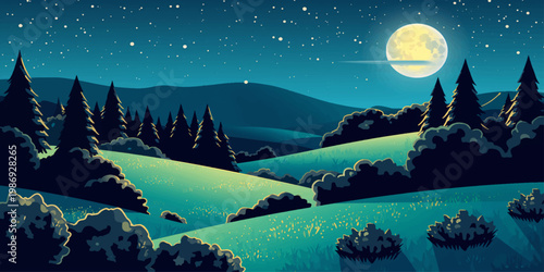 Winter night landscape with snowy mountains and forest under moon and stars in blue sky illustration