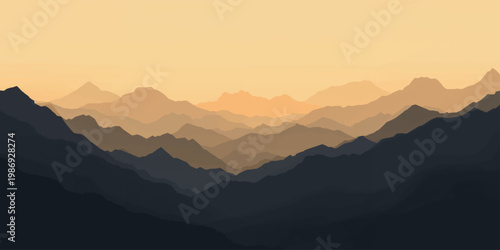 Sunrise over misty mountain valley with forest, clouds and morning light