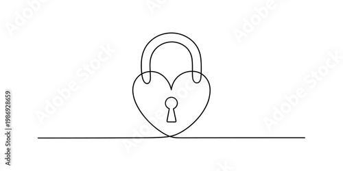 A minimalist single line drawing of a heart shaped padlock isolated on a plain white background. Vector, illustration
